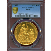 ペルー 1957年 100ソル 金貨 女神座像 PCGS MS64