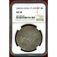 【SOLD】中央アメリカ 1842NG M/BA 8レアル 銀貨 太陽と連山 NGC AU58