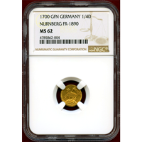 【SOLD】ドイツ ニュルンベルク 1700GFN 1/4 ラムダカット 金貨 神の子羊 MS62