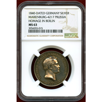 【SOLD】ドイツ プロイセン 1840年 銀メダル ヴィルヘルム4世戴冠記念 NGC MS63
