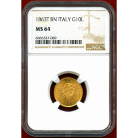 イタリア 1863T BN 10リレ 金貨 エマヌエレ2世 NGC MS64