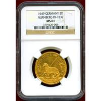 【SOLD】ドイツ ニュルンベルク 1649年 2ラムダカット 金貨 神の子羊 NGC MS61