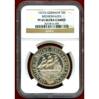 ワイマール共和国 1927A 5マルク 銀貨 ブレーマーハーフェン NGC PF65UC