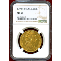 【SOLD】ブラジル 1790R 6400レイス 金貨 マリア1世 NGC MS61