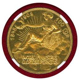 オーストリア 1908年 100コロナ金貨 治世60周年記念 雲上の女神 NGC PF61