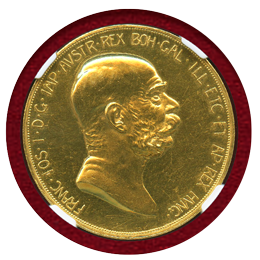 オーストリア 1908年 100コロナ金貨 治世60周年記念 雲上の女神 NGC PF61