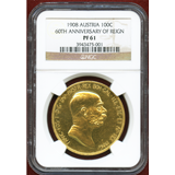 オーストリア 1908年 100コロナ金貨 治世60周年記念 雲上の女神 NGC PF61
