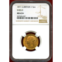 【SOLD】イギリス 1871年 ソブリン 金貨 ヴィクトリア ヤングヘッド シールド MS63+