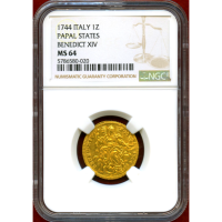 イタリア 教皇領 1744年 ゼッキーノ 金貨 ベネディクト14世 NGC MS64
