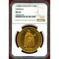 ハンガリー 1908KB 100コロナ 金貨 フランツヨーゼフ1世 オリジナル NGC MS63