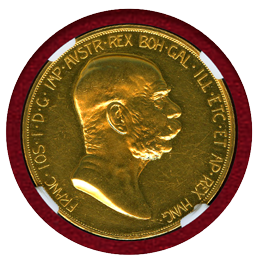 オーストリア 1908年 100コロナ 金貨 雲上の女神 NGC PF62