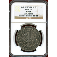 【SOLD】スイス ジュネーヴ 1848年 5フラン 銀貨　NGC MS62