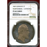 ドイツ ヴュルテンベルク 1869年 2ターラー 銀貨 ウルム大聖堂 NGC PF64CAMEO