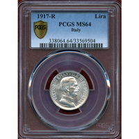 イタリア 1917R 1リラ 銀貨 エマヌエレ3世 クァドリガ PCGS MS64