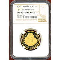 ケイマン諸島 1977年 50ドル 金貨 エリザベス1世 NGC PF69UC