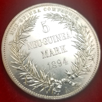 独領ニューギニア 1894A 5マルク 銀貨 極楽鳥