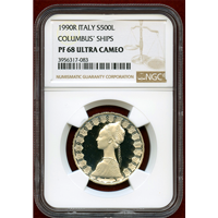イタリア 1990R 500リレ 銀貨 コロンブスの船 NGC PF68UC