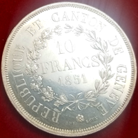 スイス 連邦射撃祭 ジュネーヴ 1851年 10フラン 銀貨